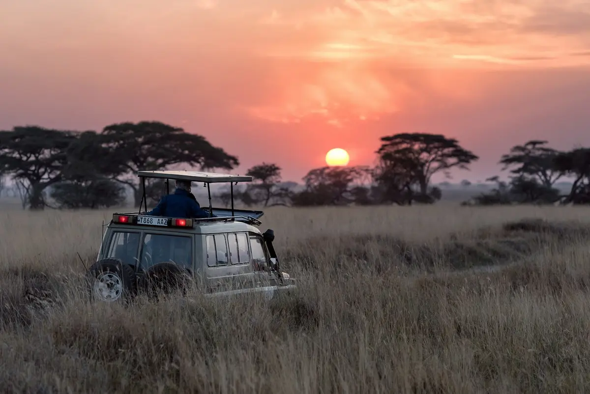 Open off road vehicle on a trail at sunset